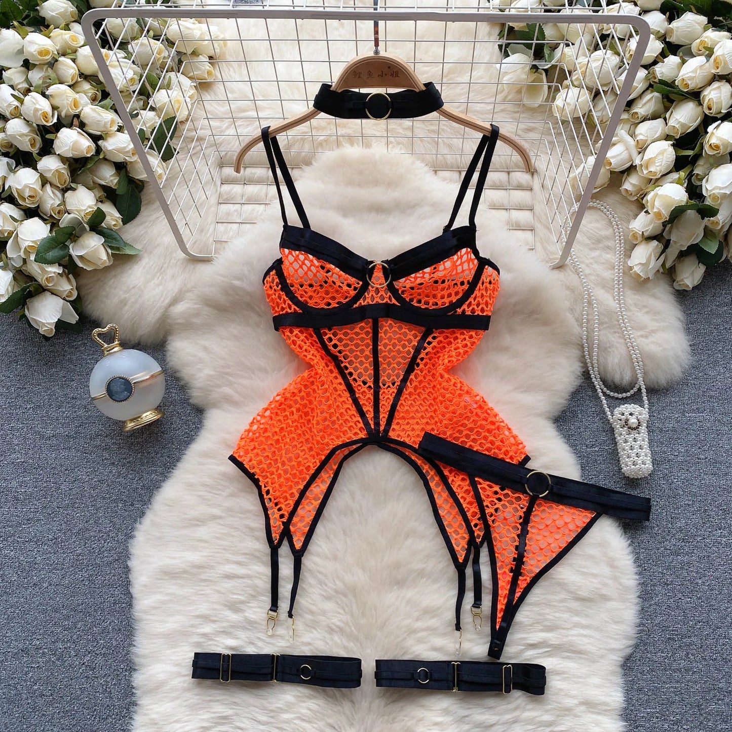 SINGREINY 2023 Sheer Mesh Sexy Lingerie Three Pieces Sets Halter Steel Splice Ring Top+Thongs Erotic Hollow Out Underwear Suits