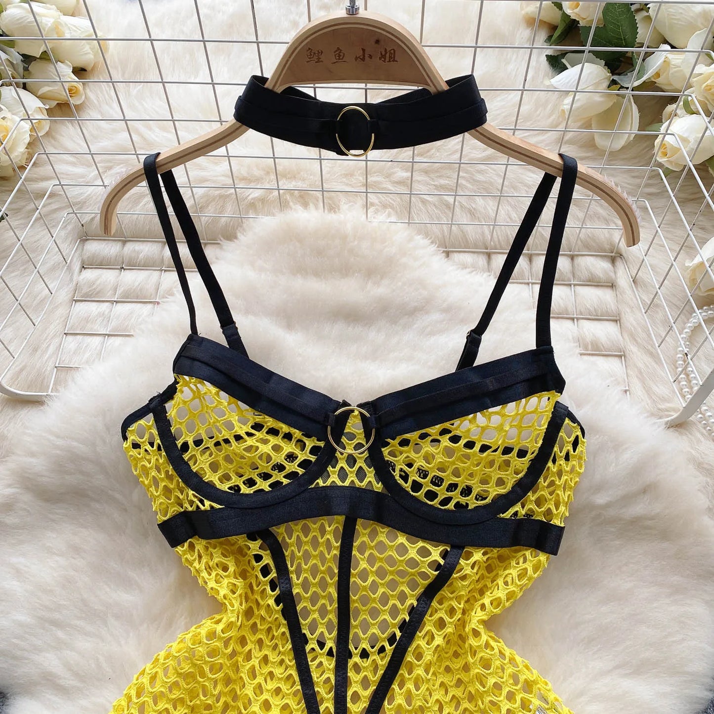 SINGREINY 2023 Sheer Mesh Sexy Lingerie Three Pieces Sets Halter Steel Splice Ring Top+Thongs Erotic Hollow Out Underwear Suits
