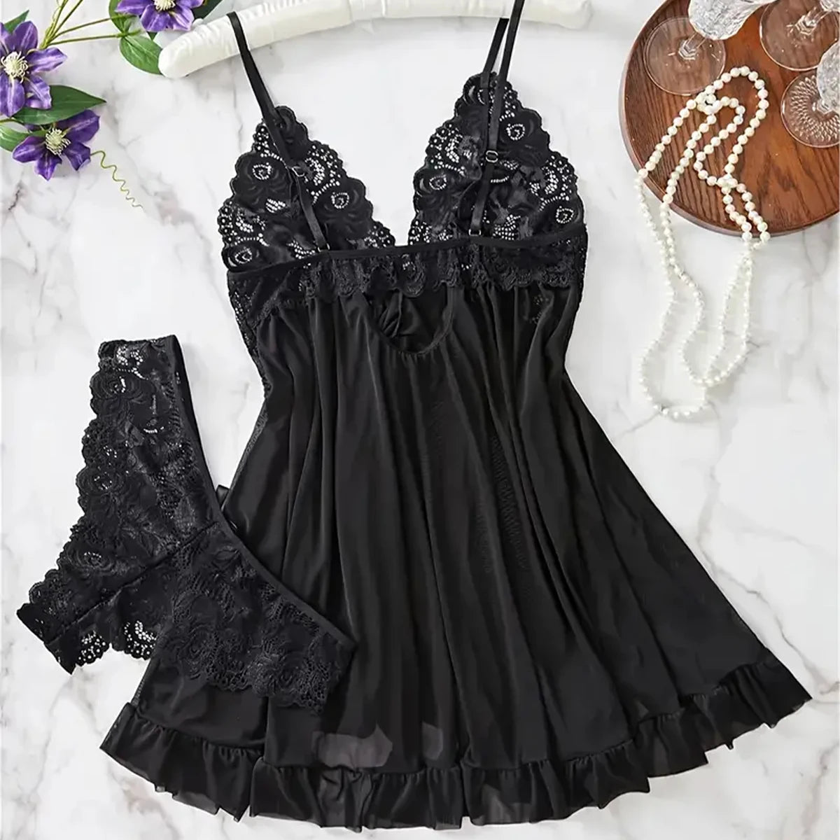 Hot Exotic Cotumes Transparent Dress New Erotic Pajamas Set Lace Sleepwear For Women Babydoll Sexy Lingerie Nightdress Open Bra