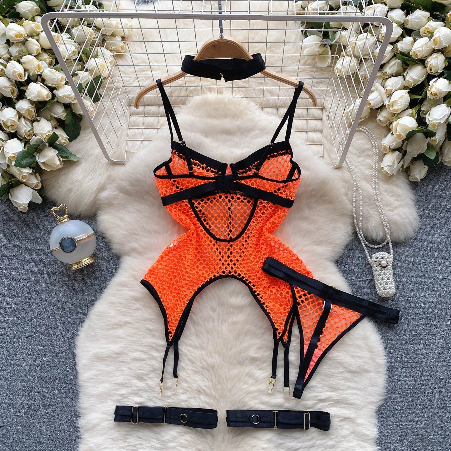 SINGREINY 2023 Sheer Mesh Sexy Lingerie Three Pieces Sets Halter Steel Splice Ring Top+Thongs Erotic Hollow Out Underwear Suits