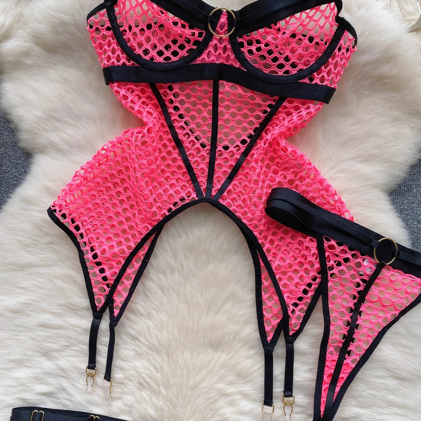 SINGREINY 2023 Sheer Mesh Sexy Lingerie Three Pieces Sets Halter Steel Splice Ring Top+Thongs Erotic Hollow Out Underwear Suits