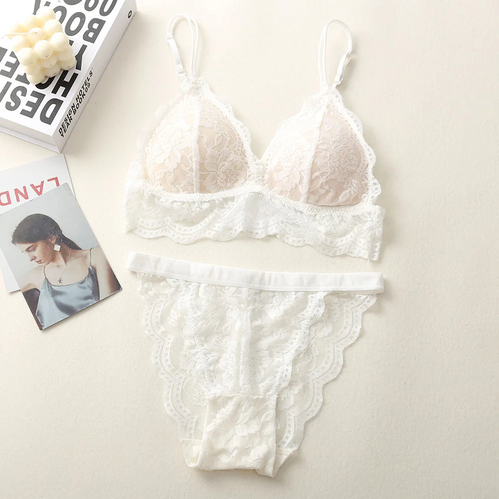Floral Lace Bra And Panty Set Seamless Women Underwear Padded Bralette Female Intimates Transparent Bra Briefs Sexy Lingerie