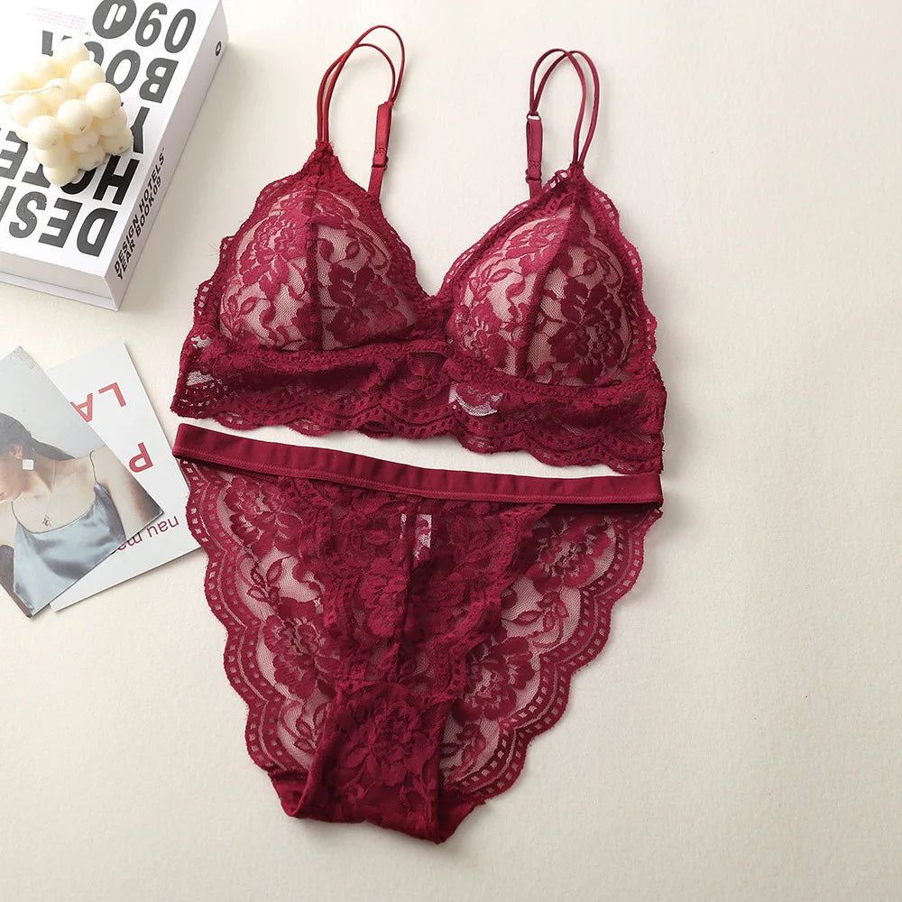 Floral Lace Bra And Panty Set Seamless Women Underwear Padded Bralette Female Intimates Transparent Bra Briefs Sexy Lingerie