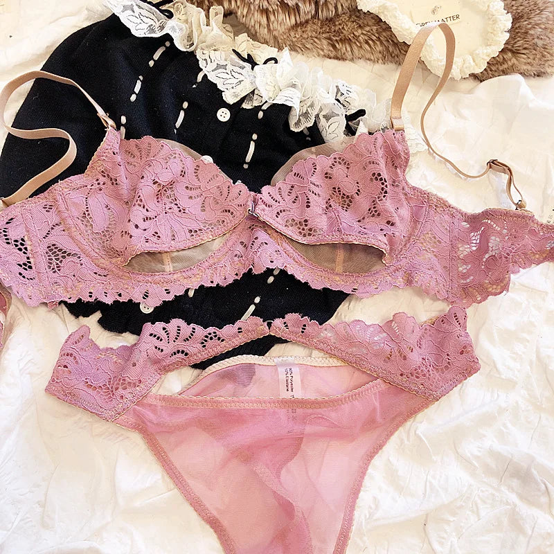 French Underwear Set Lace Sexy Lingerie Ultra-thin Triangle Cup Hollow Out Breathable Transparent Bra and Panty Set Bralette