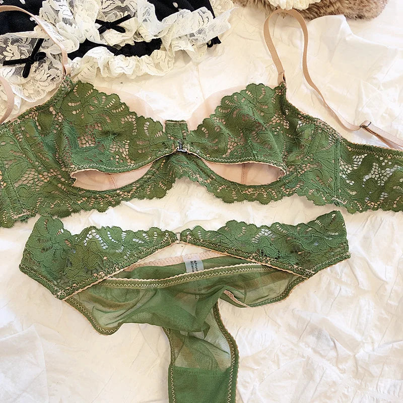 French Underwear Set Lace Sexy Lingerie Ultra-thin Triangle Cup Hollow Out Breathable Transparent Bra and Panty Set Bralette