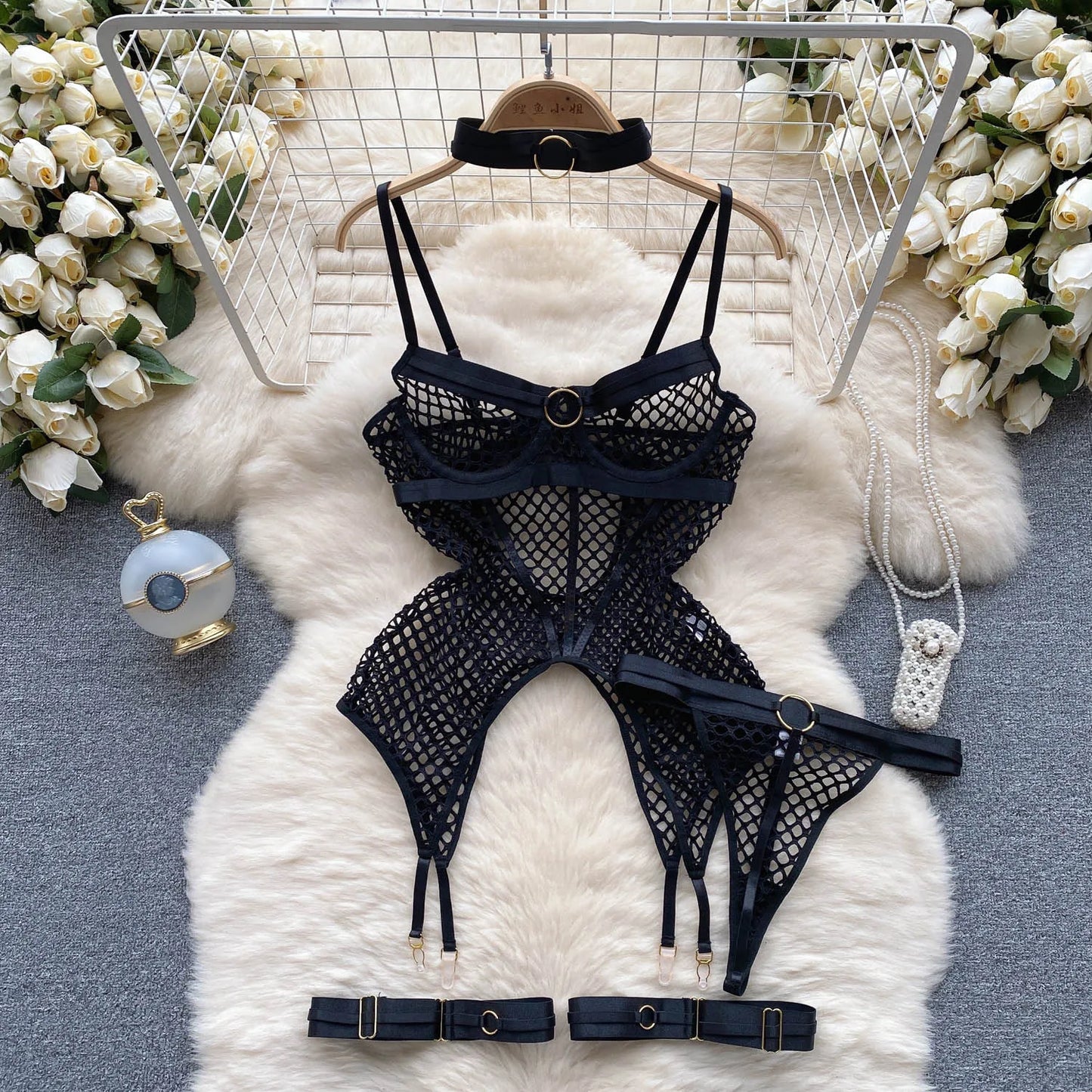 SINGREINY 2023 Sheer Mesh Sexy Lingerie Three Pieces Sets Halter Steel Splice Ring Top+Thongs Erotic Hollow Out Underwear Suits
