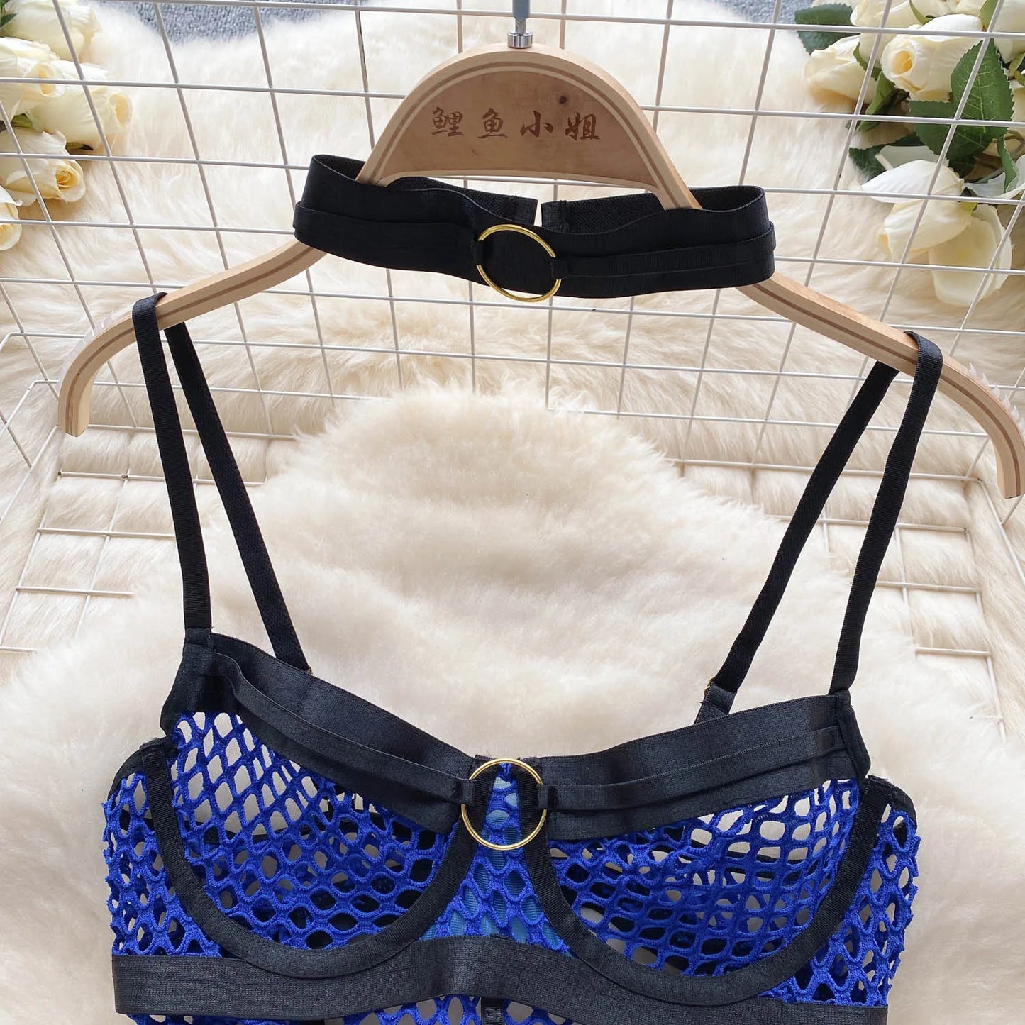 SINGREINY 2023 Sheer Mesh Sexy Lingerie Three Pieces Sets Halter Steel Splice Ring Top+Thongs Erotic Hollow Out Underwear Suits