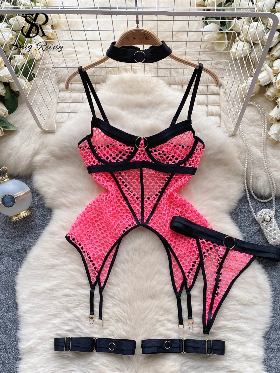 SINGREINY 2023 Sheer Mesh Sexy Lingerie Three Pieces Sets Halter Steel Splice Ring Top+Thongs Erotic Hollow Out Underwear Suits