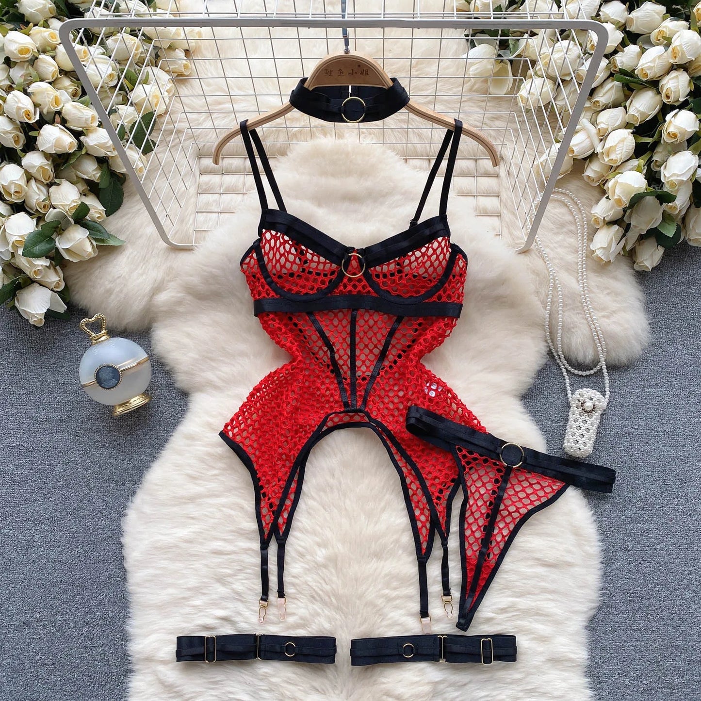 SINGREINY 2023 Sheer Mesh Sexy Lingerie Three Pieces Sets Halter Steel Splice Ring Top+Thongs Erotic Hollow Out Underwear Suits