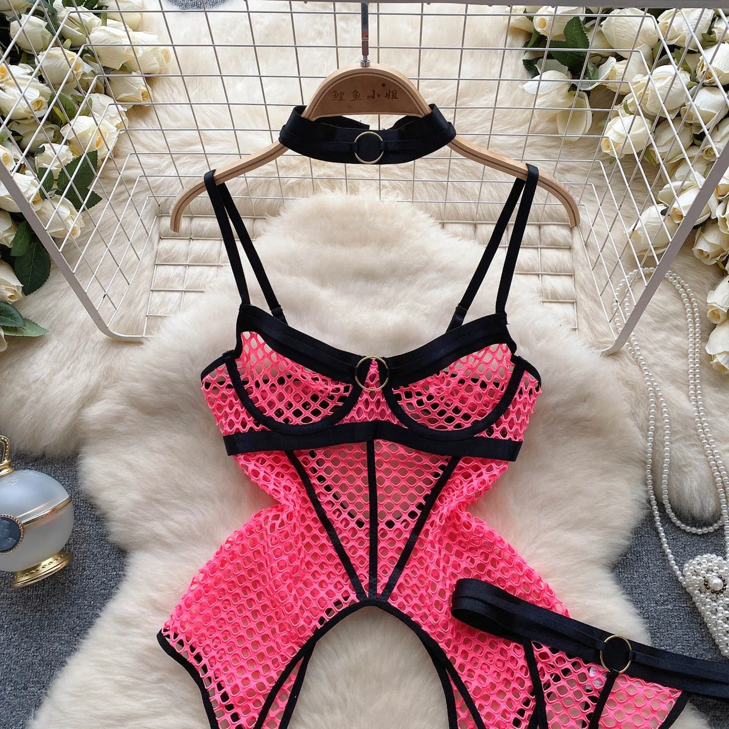SINGREINY 2023 Sheer Mesh Sexy Lingerie Three Pieces Sets Halter Steel Splice Ring Top+Thongs Erotic Hollow Out Underwear Suits
