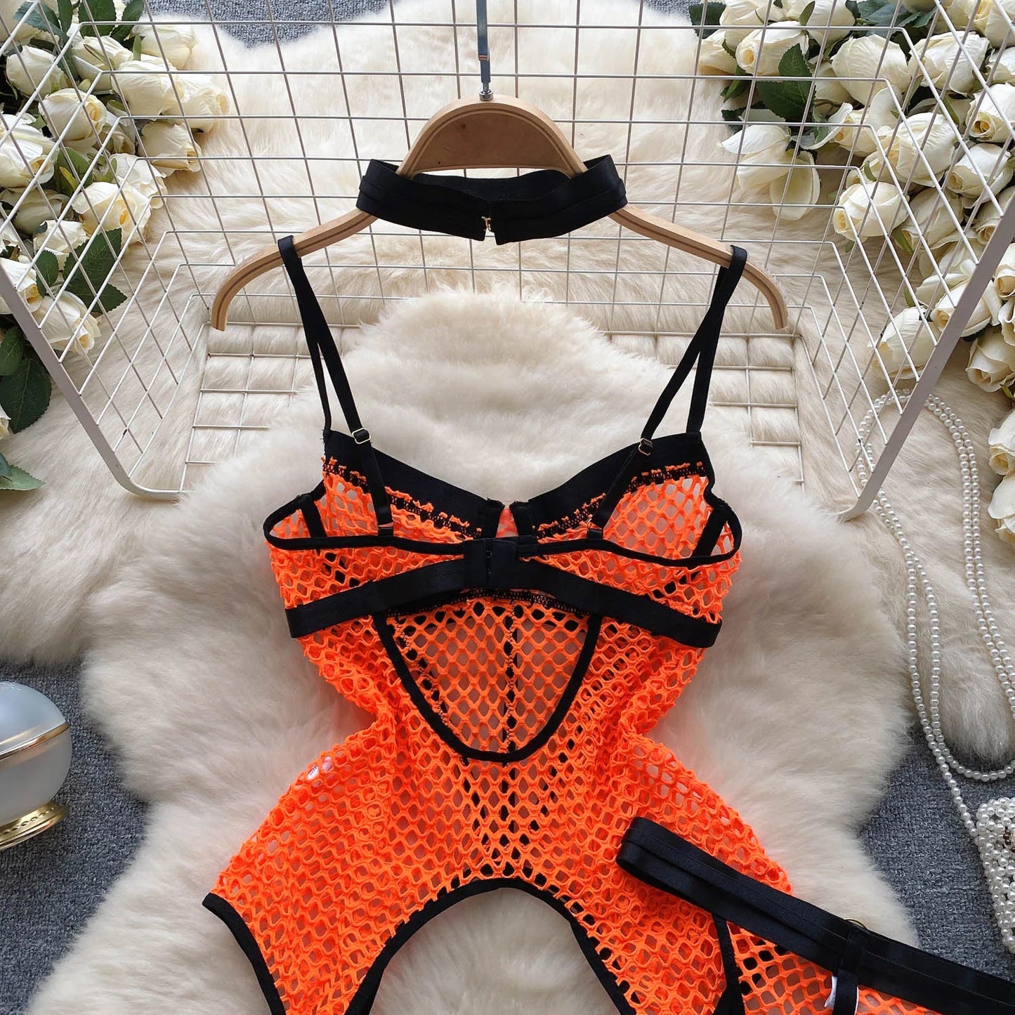 SINGREINY 2023 Sheer Mesh Sexy Lingerie Three Pieces Sets Halter Steel Splice Ring Top+Thongs Erotic Hollow Out Underwear Suits