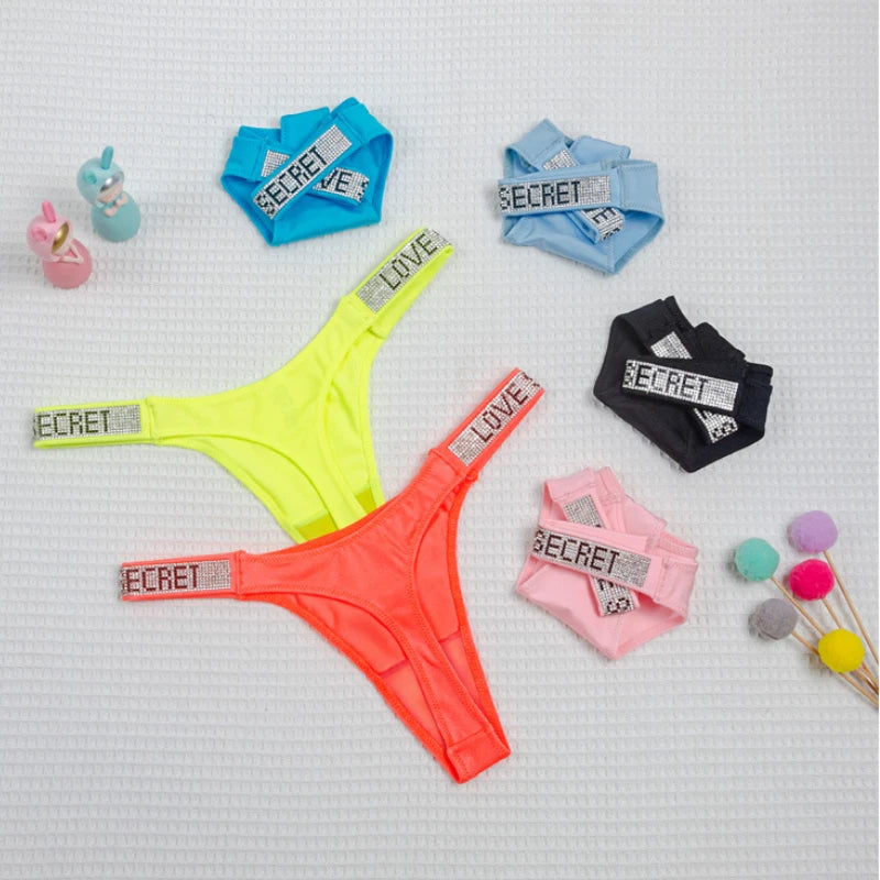 Women Panties Shiny Rhinestone Sexy Lingerie Women Low Rise Nylon Female Underwear Secret G-string Neon Color Women Thong