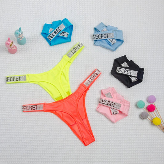 Women Panties Shiny Rhinestone Sexy Lingerie Women Low Rise Nylon Female Underwear Secret G-string Neon Color Women Thong