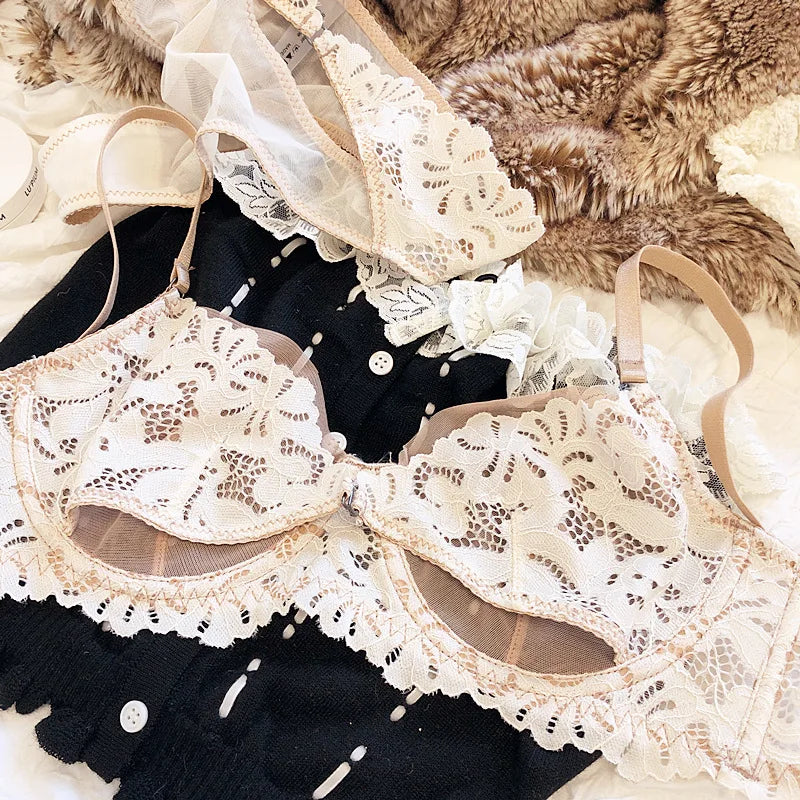 French Underwear Set Lace Sexy Lingerie Ultra-thin Triangle Cup Hollow Out Breathable Transparent Bra and Panty Set Bralette