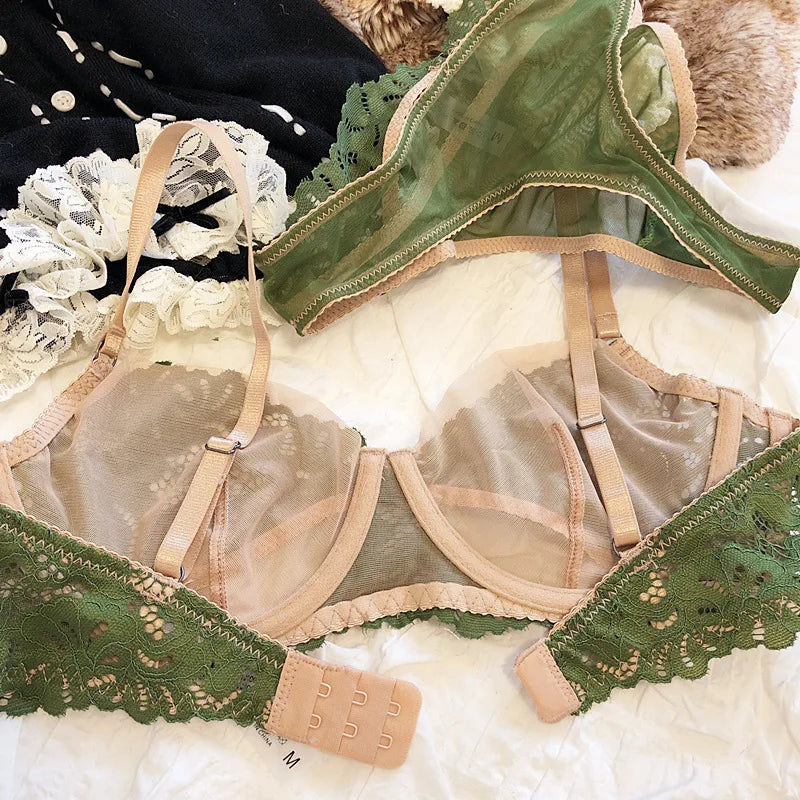 French Underwear Set Lace Sexy Lingerie Ultra-thin Triangle Cup Hollow Out Breathable Transparent Bra and Panty Set Bralette