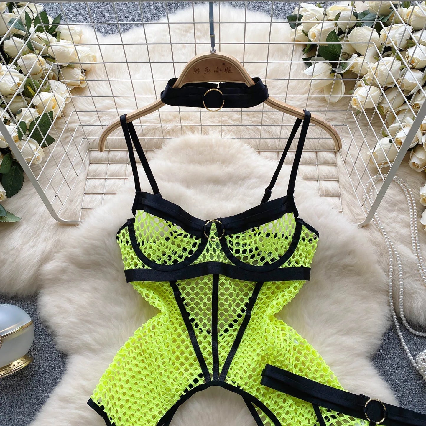 SINGREINY 2023 Sheer Mesh Sexy Lingerie Three Pieces Sets Halter Steel Splice Ring Top+Thongs Erotic Hollow Out Underwear Suits