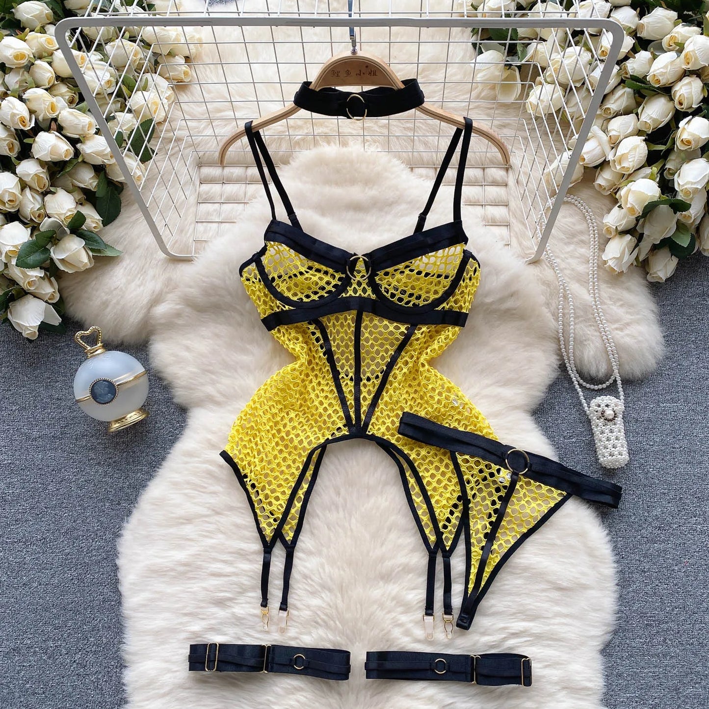 SINGREINY 2023 Sheer Mesh Sexy Lingerie Three Pieces Sets Halter Steel Splice Ring Top+Thongs Erotic Hollow Out Underwear Suits