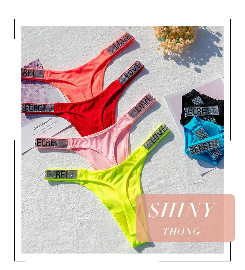 Women Panties Shiny Rhinestone Sexy Lingerie Women Low Rise Nylon Female Underwear Secret G-string Neon Color Women Thong