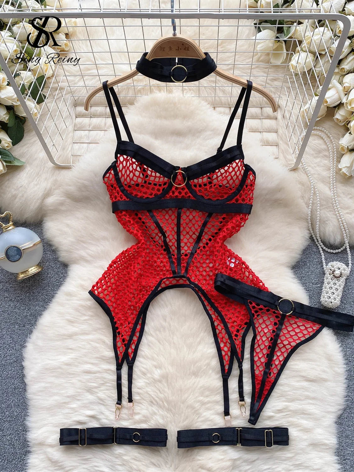 SINGREINY 2023 Sheer Mesh Sexy Lingerie Three Pieces Sets Halter Steel Splice Ring Top+Thongs Erotic Hollow Out Underwear Suits