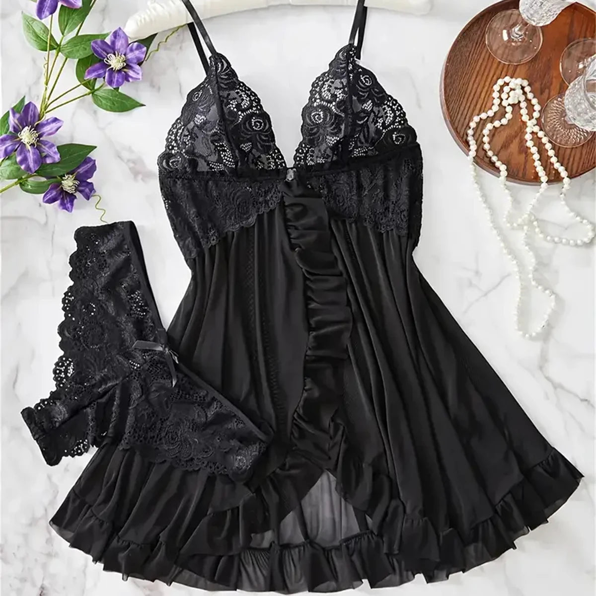 Hot Exotic Cotumes Transparent Dress New Erotic Pajamas Set Lace Sleepwear For Women Babydoll Sexy Lingerie Nightdress Open Bra