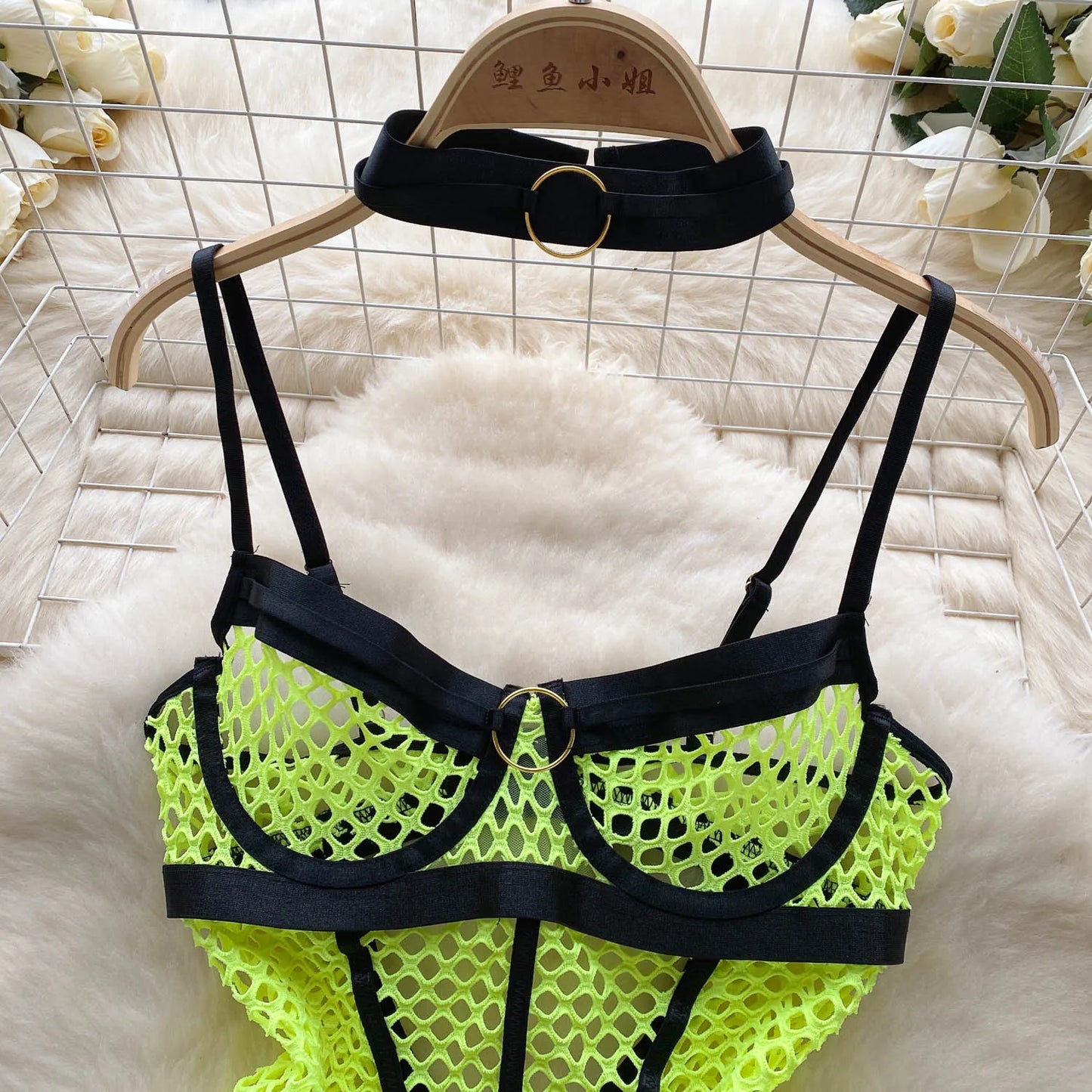 SINGREINY 2023 Sheer Mesh Sexy Lingerie Three Pieces Sets Halter Steel Splice Ring Top+Thongs Erotic Hollow Out Underwear Suits
