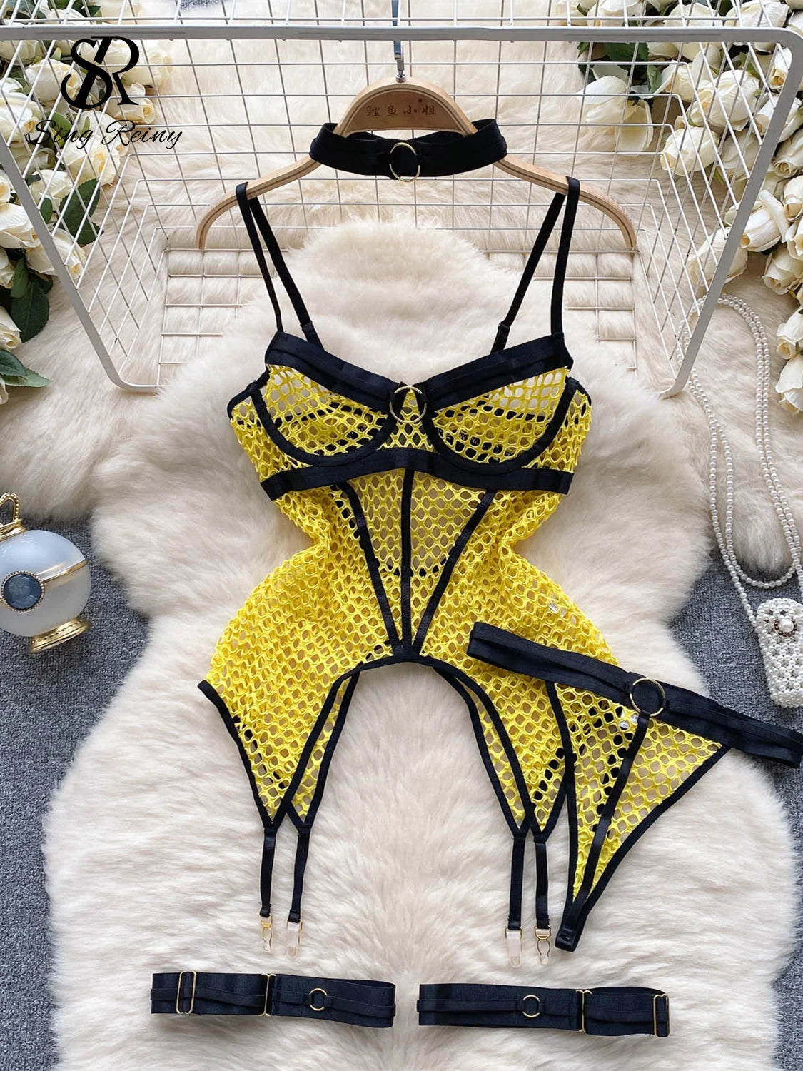 SINGREINY 2023 Sheer Mesh Sexy Lingerie Three Pieces Sets Halter Steel Splice Ring Top+Thongs Erotic Hollow Out Underwear Suits