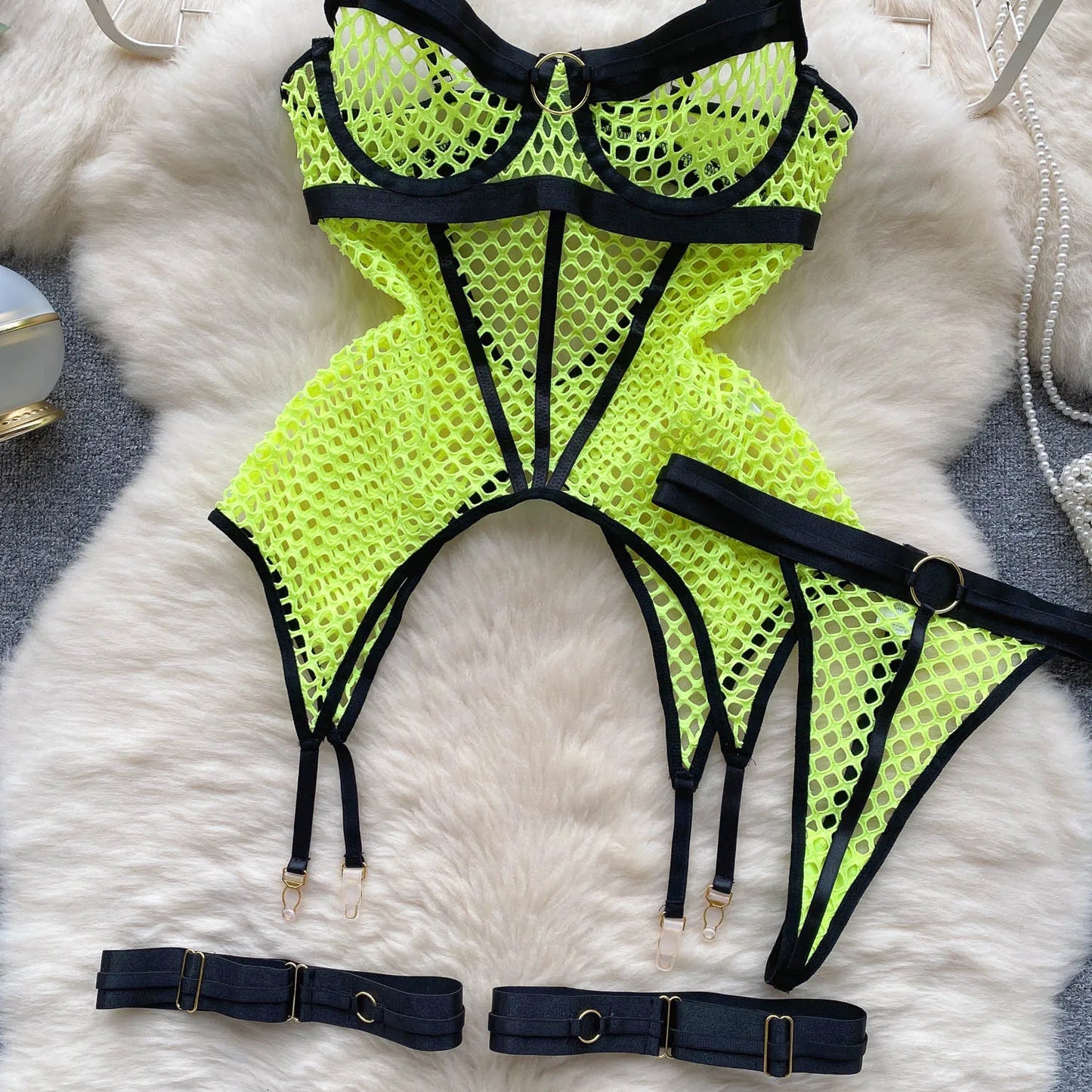 SINGREINY 2023 Sheer Mesh Sexy Lingerie Three Pieces Sets Halter Steel Splice Ring Top+Thongs Erotic Hollow Out Underwear Suits
