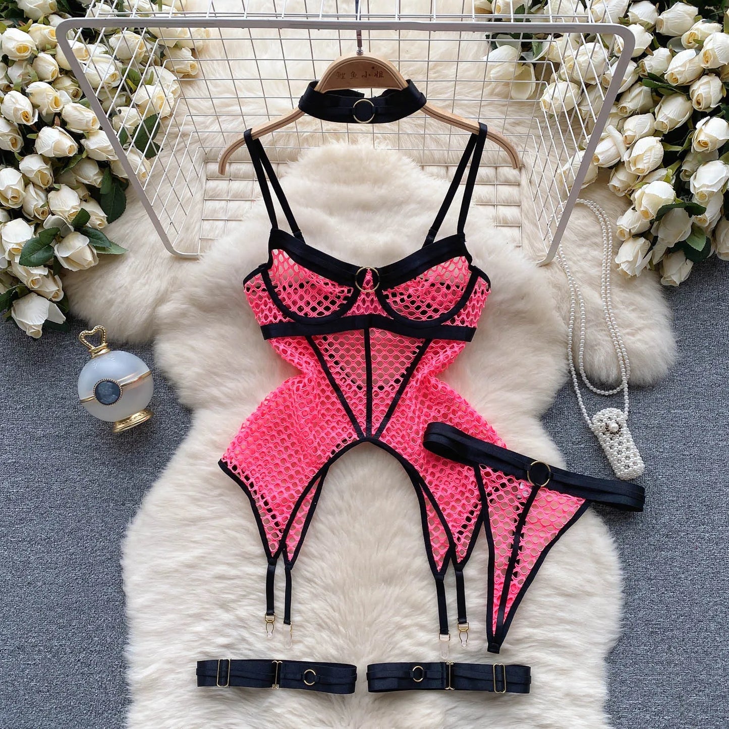 SINGREINY 2023 Sheer Mesh Sexy Lingerie Three Pieces Sets Halter Steel Splice Ring Top+Thongs Erotic Hollow Out Underwear Suits