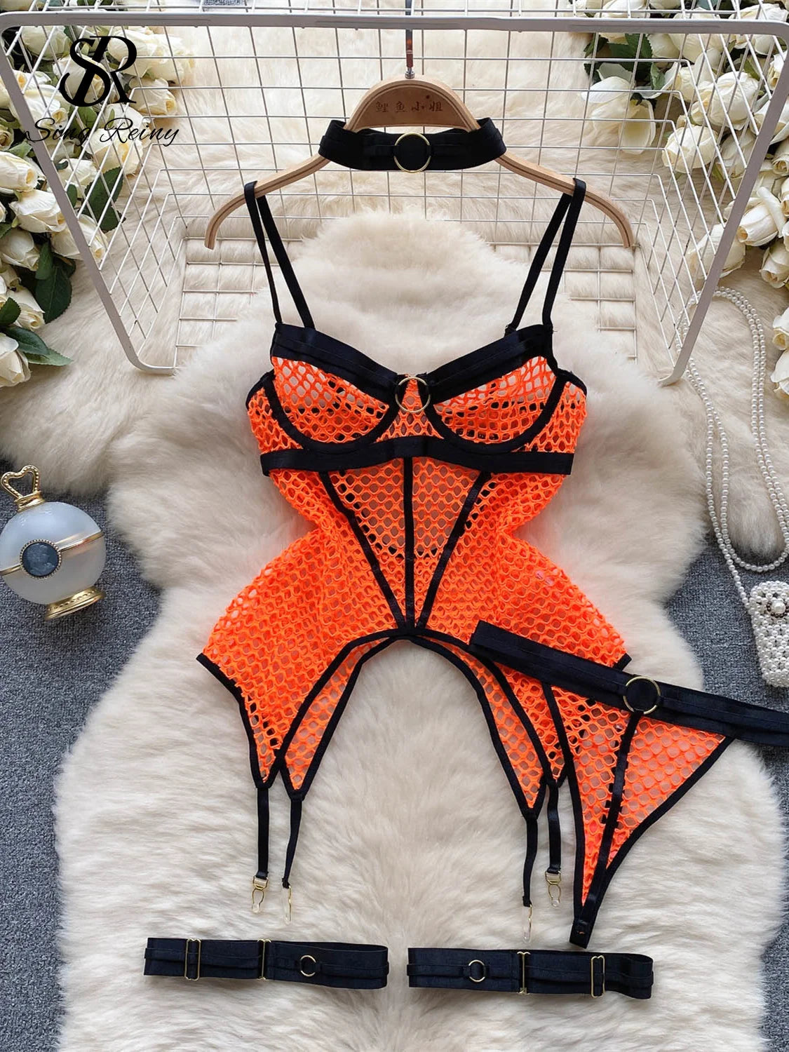 SINGREINY 2023 Sheer Mesh Sexy Lingerie Three Pieces Sets Halter Steel Splice Ring Top+Thongs Erotic Hollow Out Underwear Suits