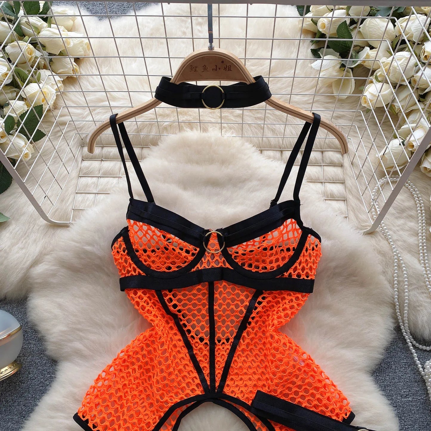 SINGREINY 2023 Sheer Mesh Sexy Lingerie Three Pieces Sets Halter Steel Splice Ring Top+Thongs Erotic Hollow Out Underwear Suits