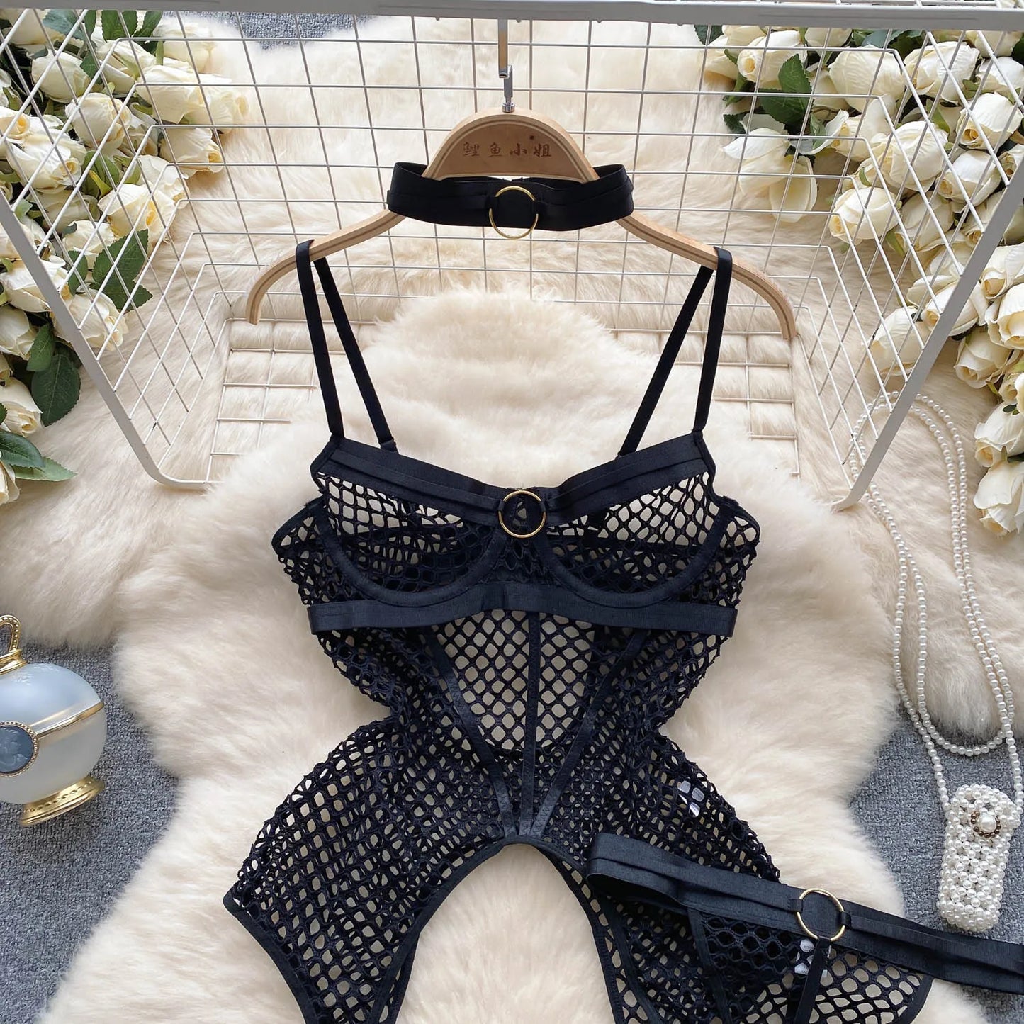 SINGREINY 2023 Sheer Mesh Sexy Lingerie Three Pieces Sets Halter Steel Splice Ring Top+Thongs Erotic Hollow Out Underwear Suits