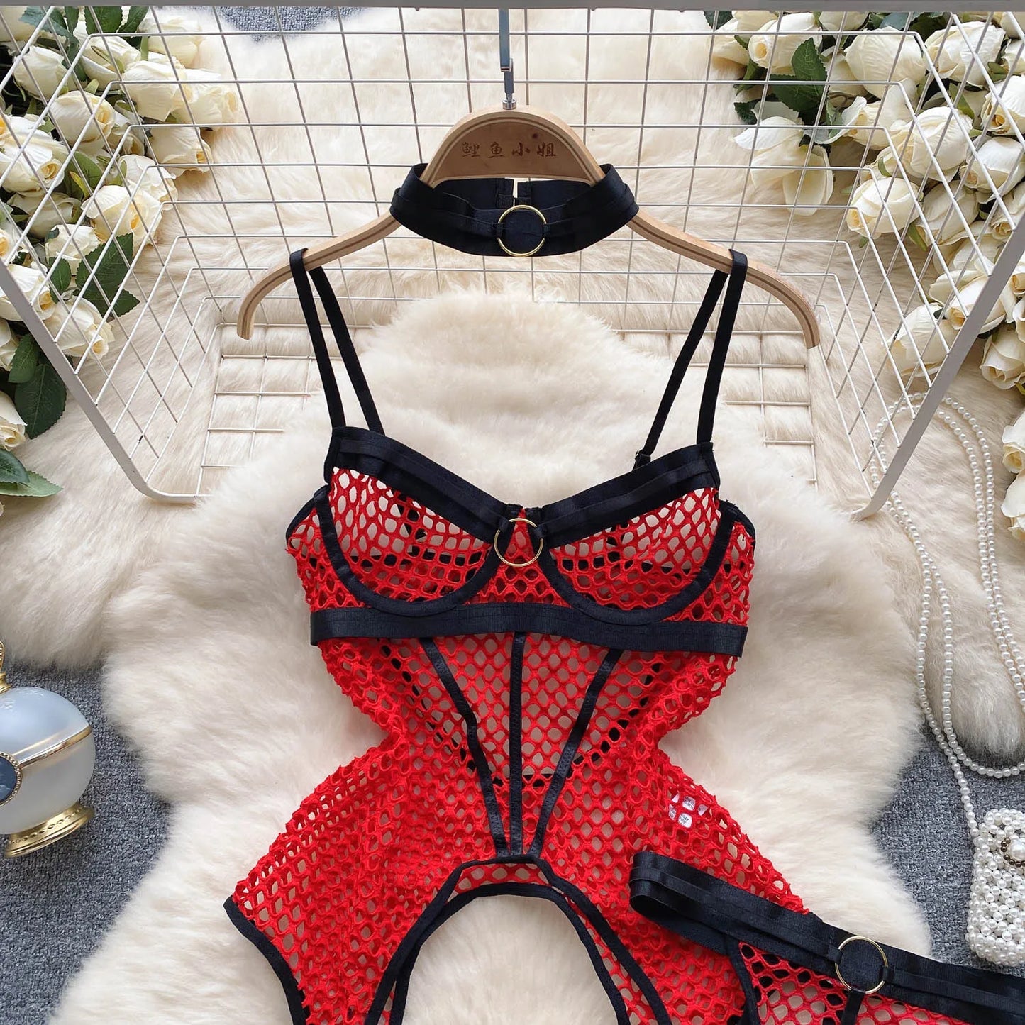 SINGREINY 2023 Sheer Mesh Sexy Lingerie Three Pieces Sets Halter Steel Splice Ring Top+Thongs Erotic Hollow Out Underwear Suits