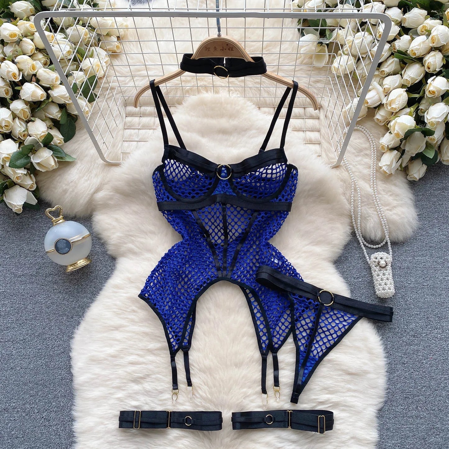 SINGREINY 2023 Sheer Mesh Sexy Lingerie Three Pieces Sets Halter Steel Splice Ring Top+Thongs Erotic Hollow Out Underwear Suits