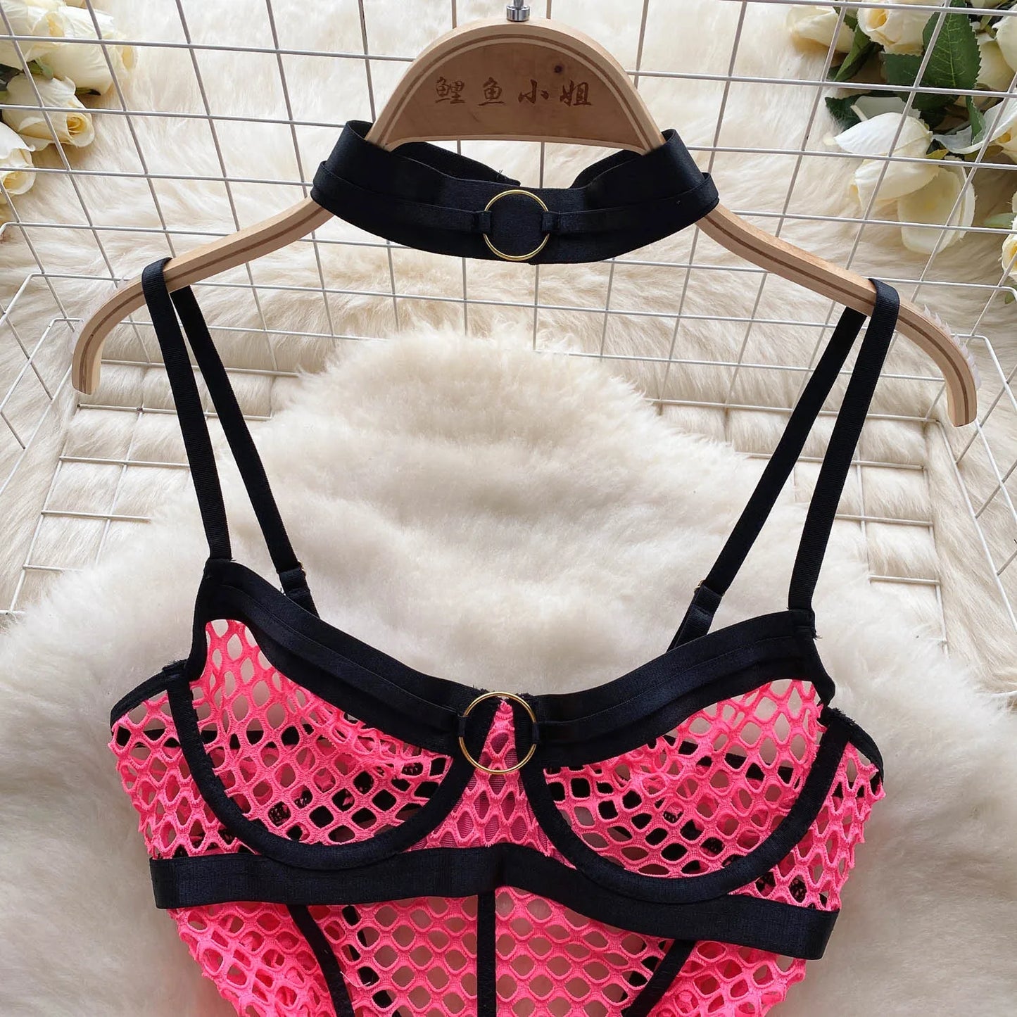 SINGREINY 2023 Sheer Mesh Sexy Lingerie Three Pieces Sets Halter Steel Splice Ring Top+Thongs Erotic Hollow Out Underwear Suits