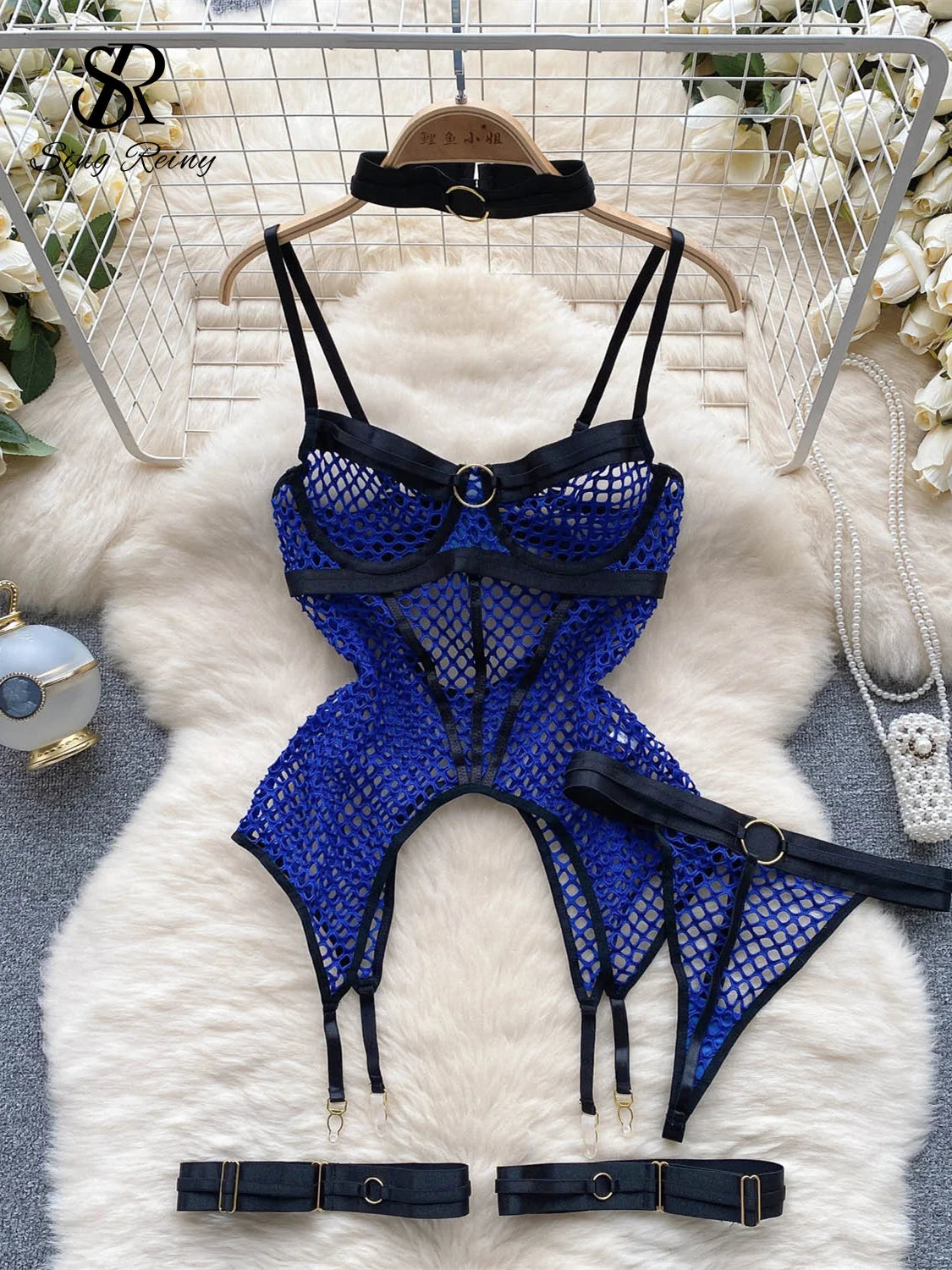 SINGREINY 2023 Sheer Mesh Sexy Lingerie Three Pieces Sets Halter Steel Splice Ring Top+Thongs Erotic Hollow Out Underwear Suits