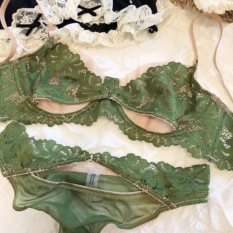 French Underwear Set Lace Sexy Lingerie Ultra-thin Triangle Cup Hollow Out Breathable Transparent Bra and Panty Set Bralette