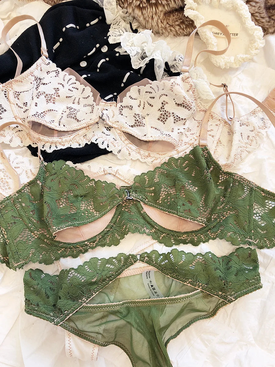 French Underwear Set Lace Sexy Lingerie Ultra-thin Triangle Cup Hollow Out Breathable Transparent Bra and Panty Set Bralette
