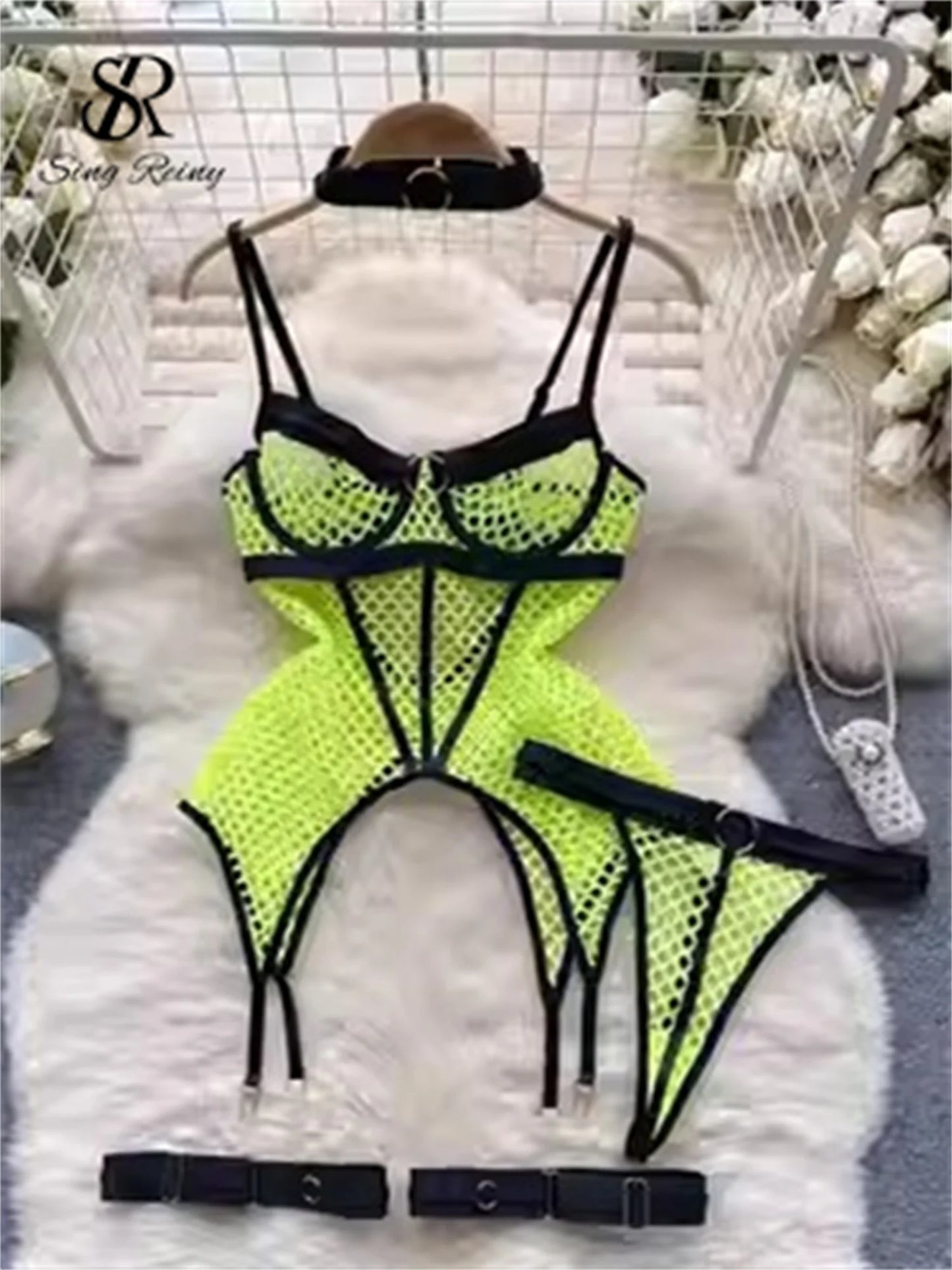SINGREINY 2023 Sheer Mesh Sexy Lingerie Three Pieces Sets Halter Steel Splice Ring Top+Thongs Erotic Hollow Out Underwear Suits