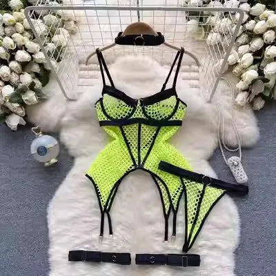 SINGREINY 2023 Sheer Mesh Sexy Lingerie Three Pieces Sets Halter Steel Splice Ring Top+Thongs Erotic Hollow Out Underwear Suits