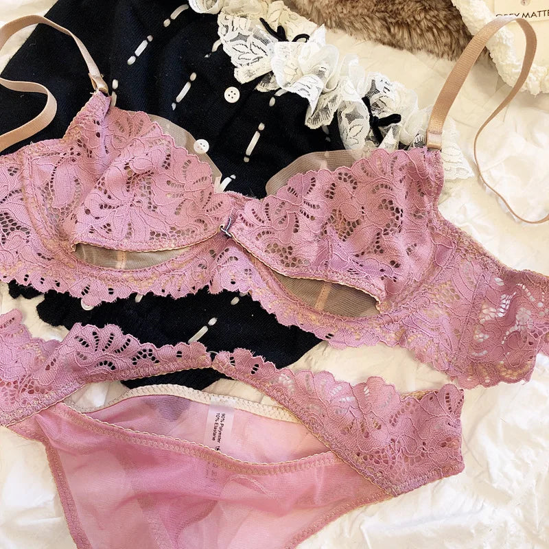 French Underwear Set Lace Sexy Lingerie Ultra-thin Triangle Cup Hollow Out Breathable Transparent Bra and Panty Set Bralette